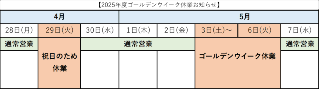 【ゴールデンウィーク休業のお知らせ】2025年4月29日（火）、5月3日(土)～5月6日（火）