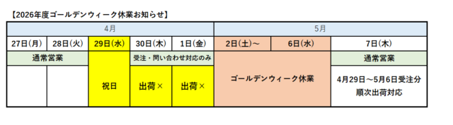 【GW休業のお知らせ】2026年4月29日(水)、5月2日(土)～5月6日(水）
